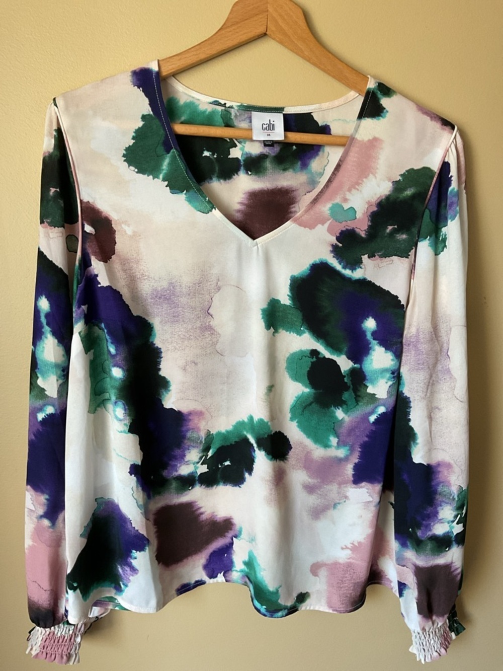 CAbi White Watercolor V‑Neck Blouse with Green, Purple & Pink Accents Size M